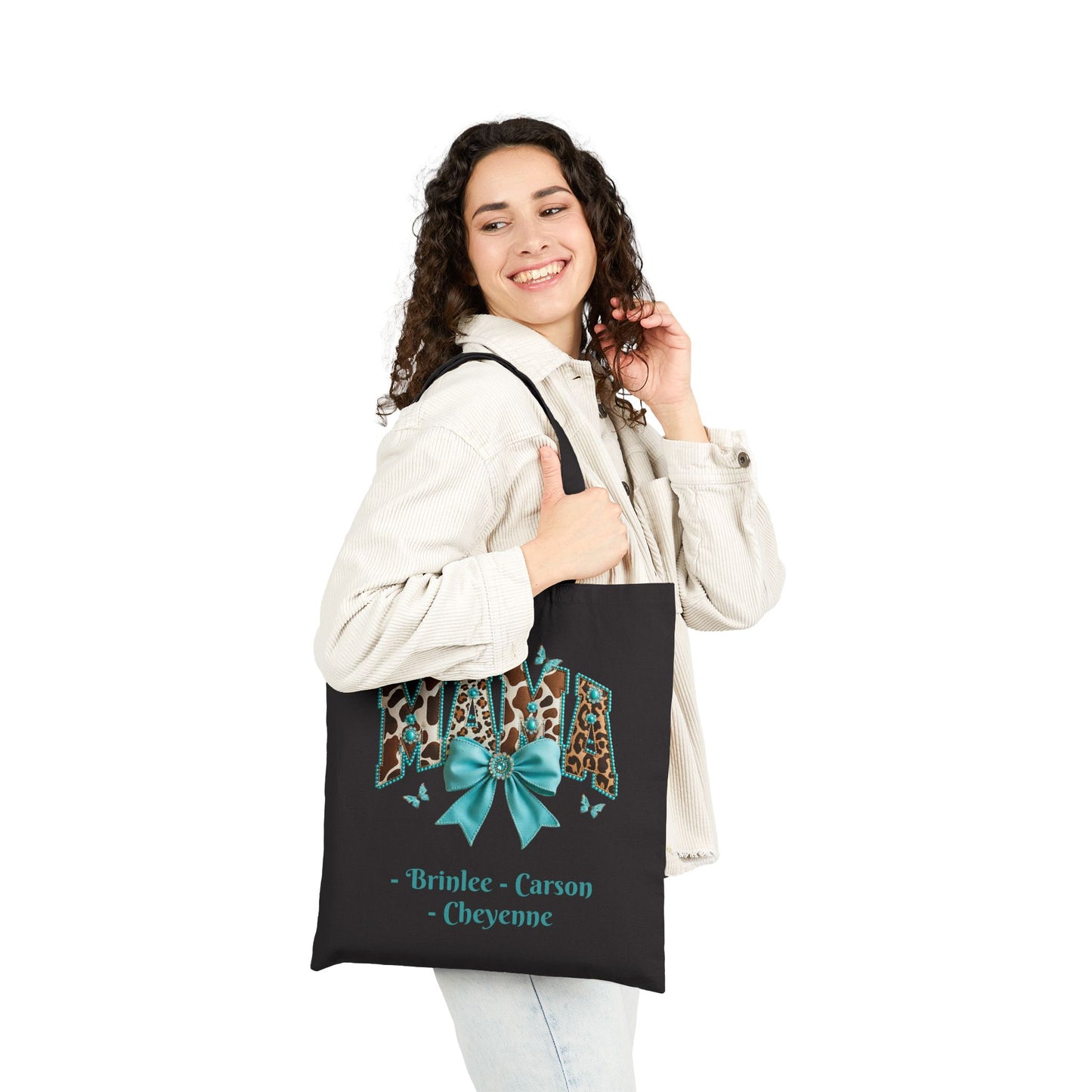 Mama Leopard Print Tote Bag with Teal Bow Custom Names — Personalized Mom Tote
