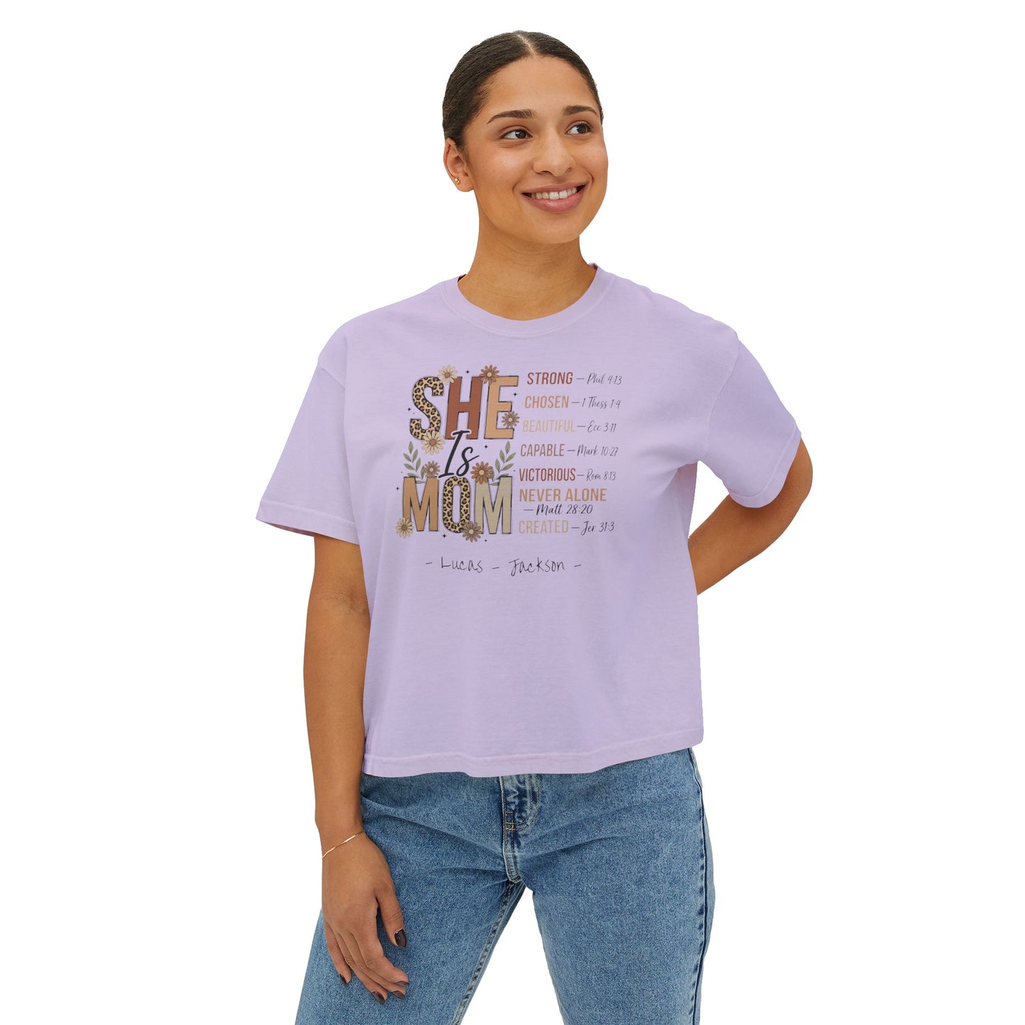 She Is Mom Custom Name Boxy Tee — Mother's Day Shirt