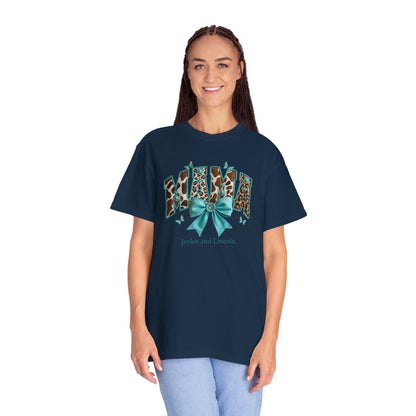 Mama Teal Bow Custom Name T-Shirt — Personalized Mom Script Graphic Tee
