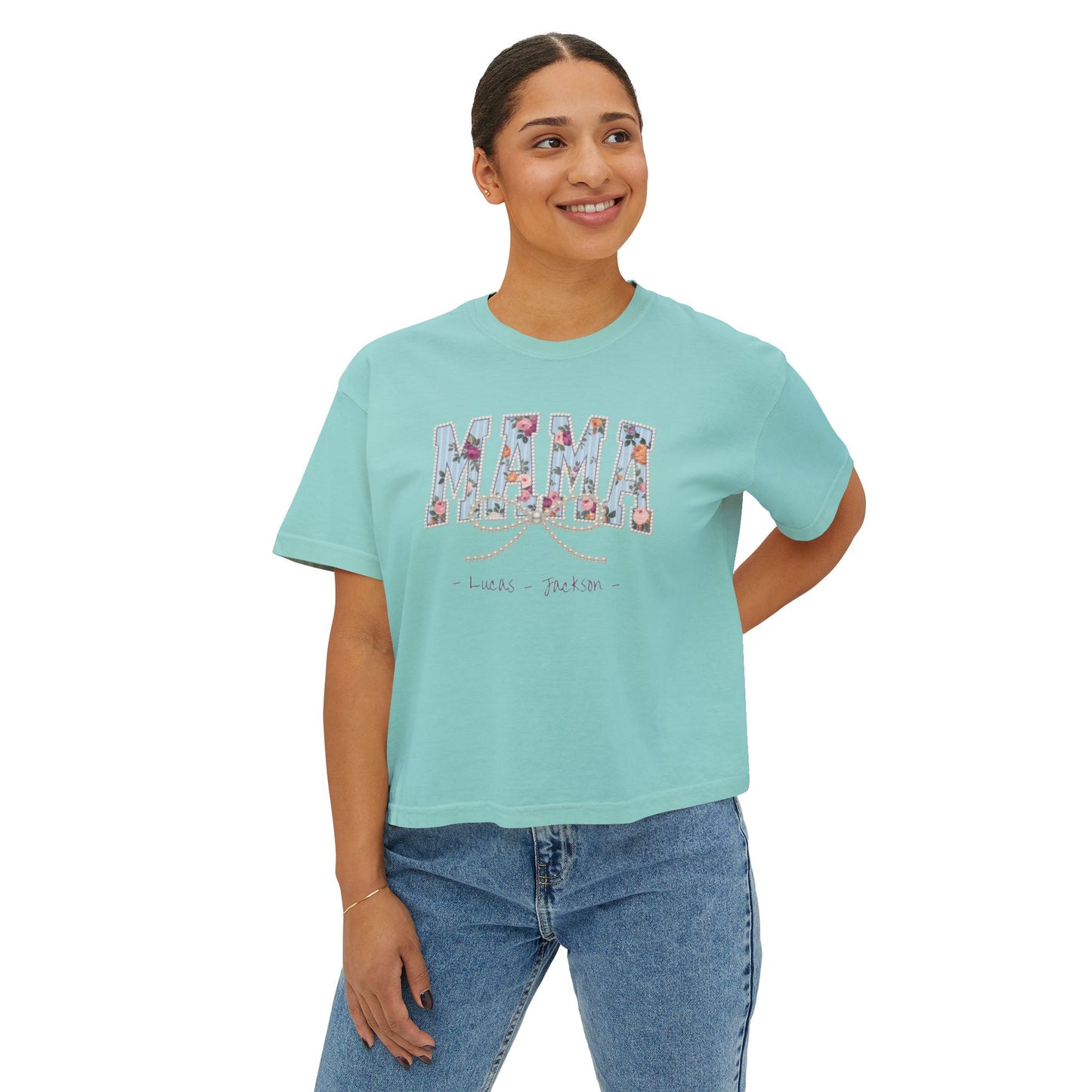 Mama Pearls Custom Name Boxy Tee — Mother's Day Shirt