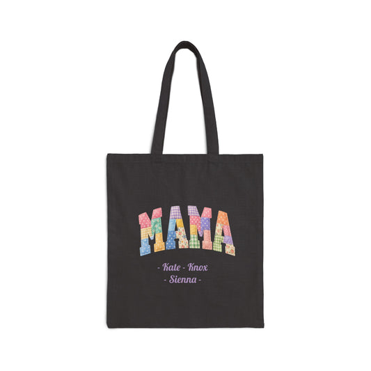 Faux Quilted Mama Custom Kid's Names Tote Bag – Personalized Cotton Canvas Market Tote