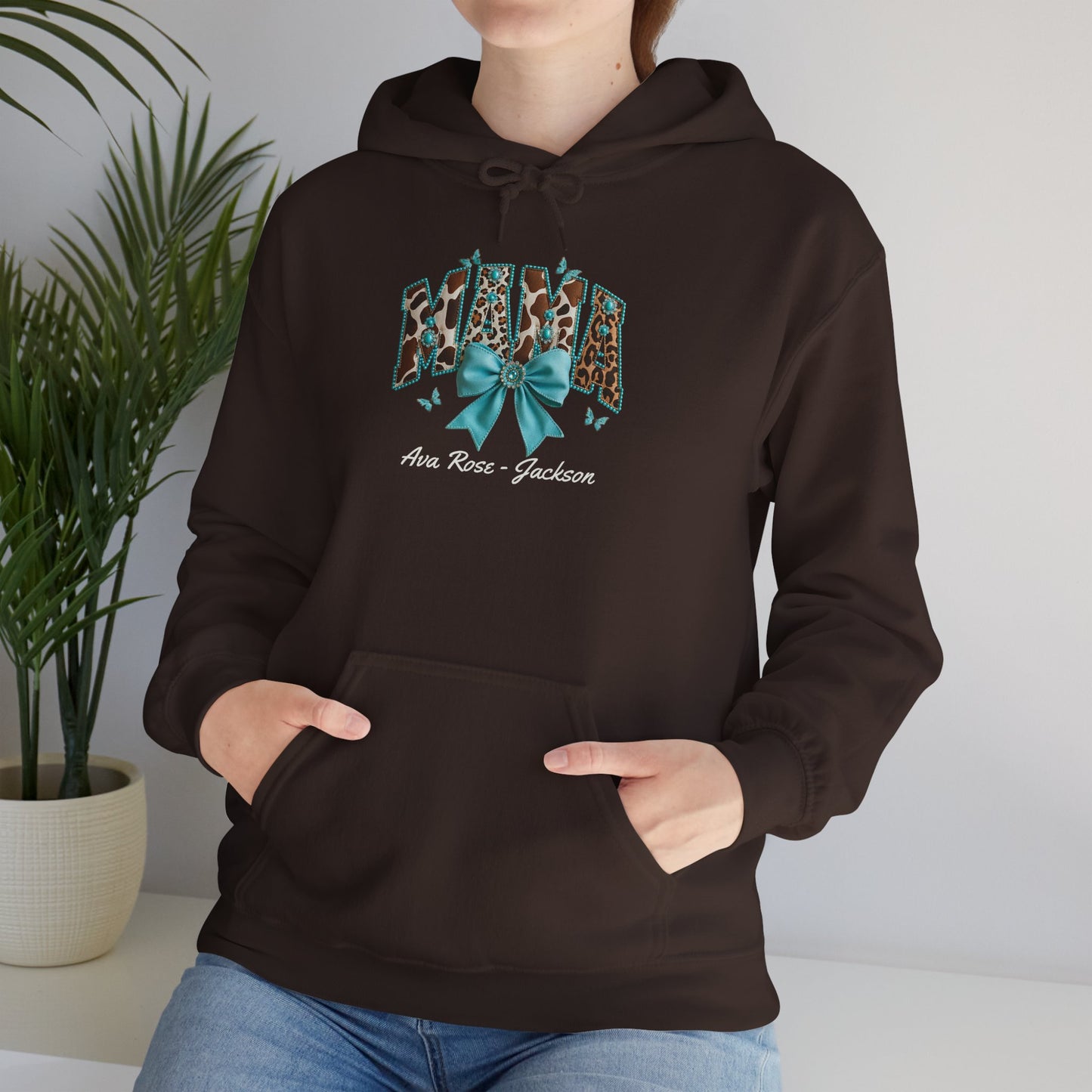 Mama Teal Bow Custom Kids Name Mama Hoodie — Personalized Mom Hoodie
