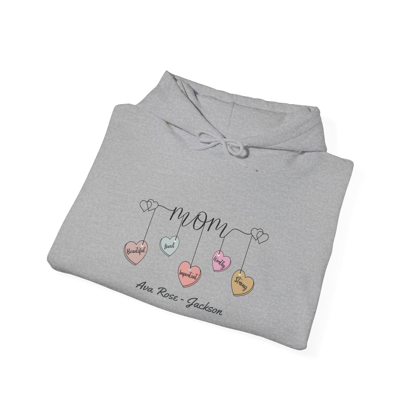 Mom Hearts Custom Kids Name Mama Hoodie — Personalized Mom Hoodie
