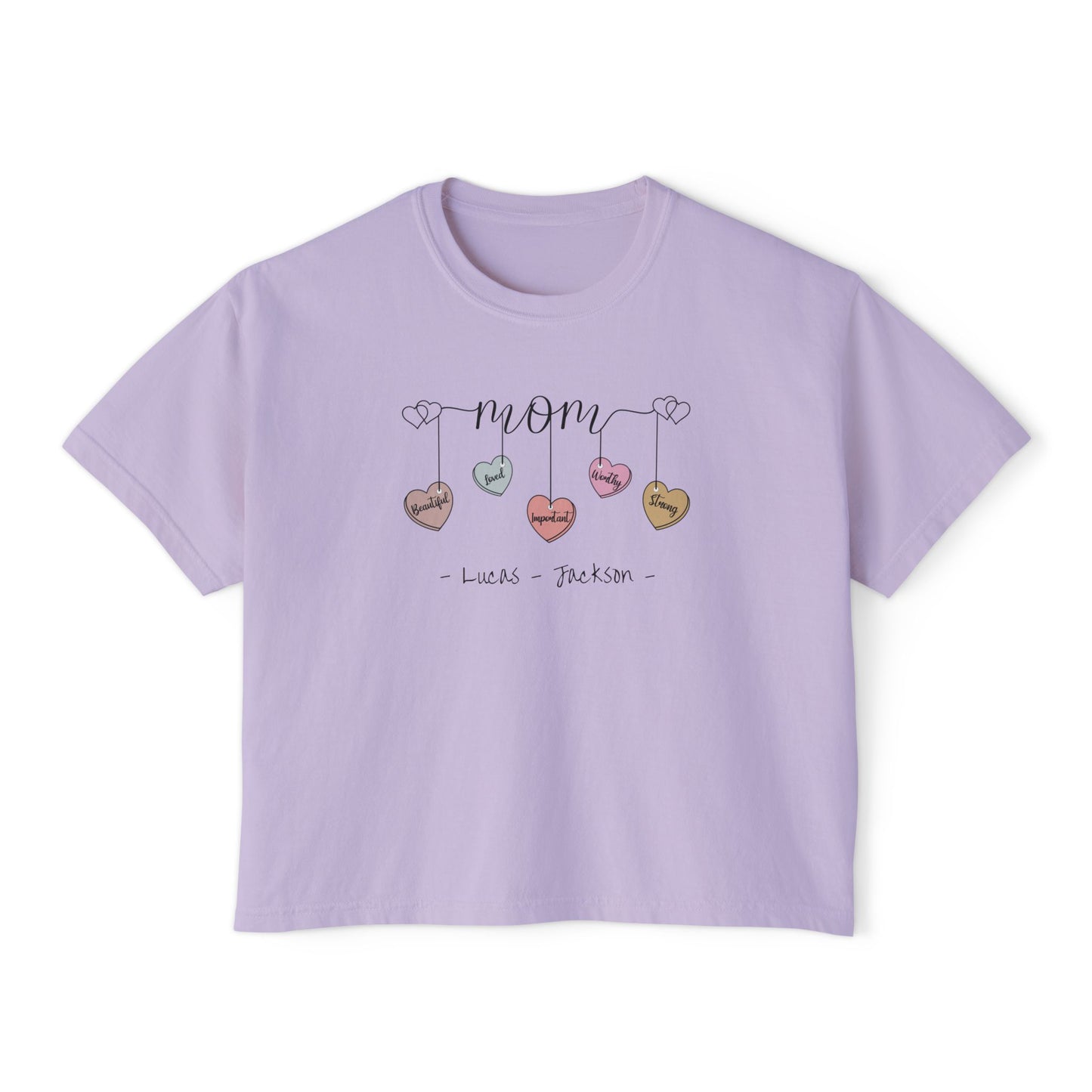 Mom Hearts Custom Name Boxy Tee — Mother's Day Shirt