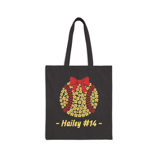 Floral Softball Bow Personalized Cotton Canvas Tote (Custom Name & Number)