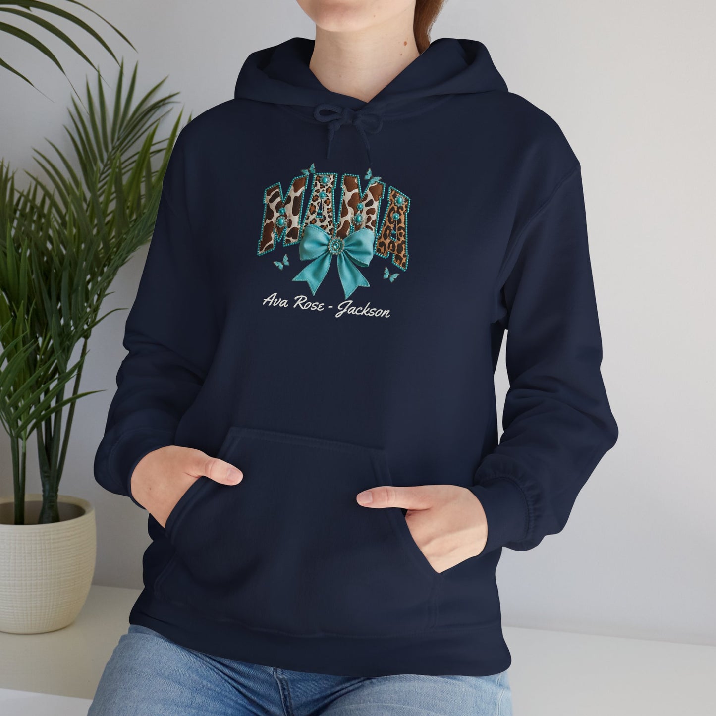 Mama Teal Bow Custom Kids Name Mama Hoodie — Personalized Mom Hoodie