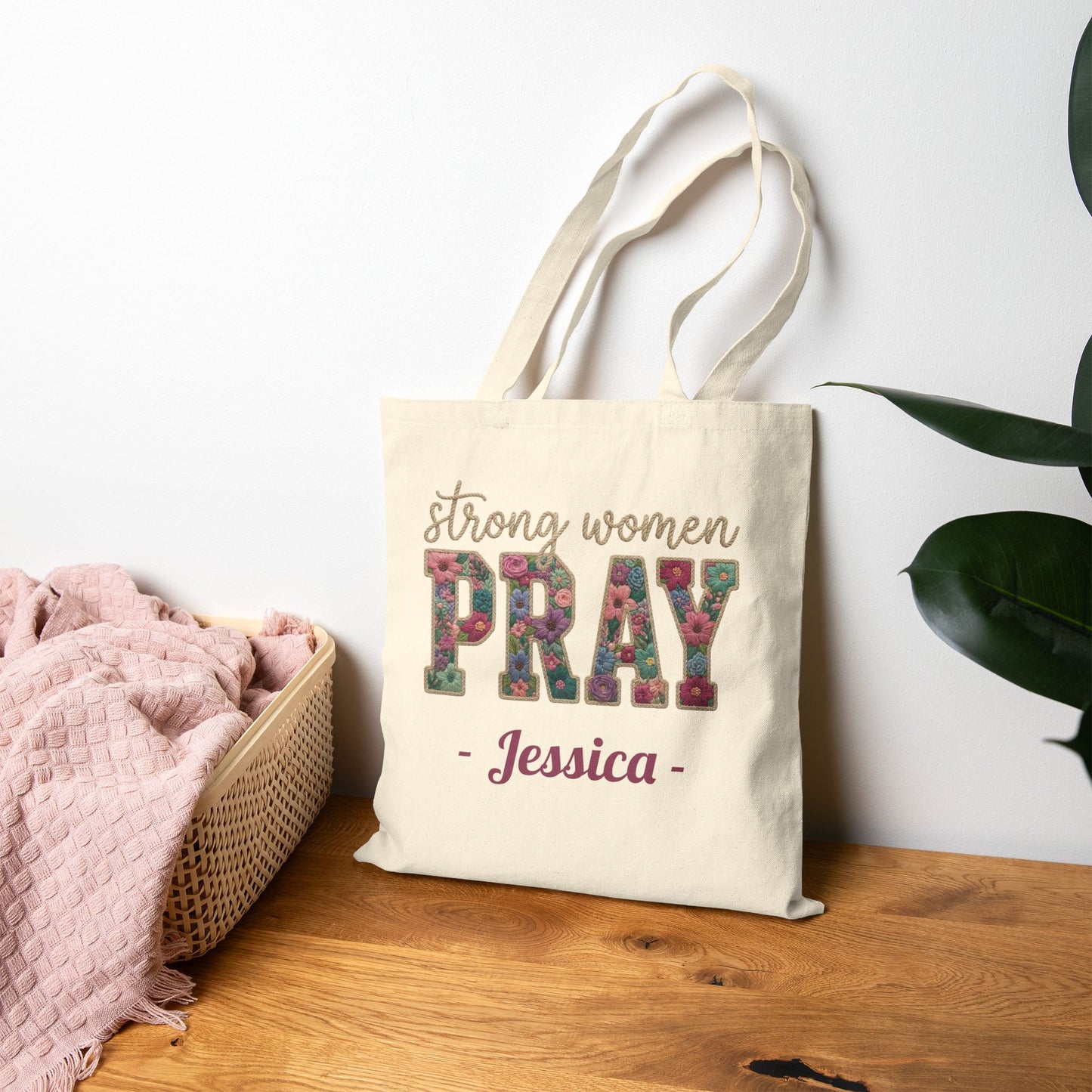 Strong Women Pray Custom Name Tote Bag – Personalized Cotton Canvas Market Tote