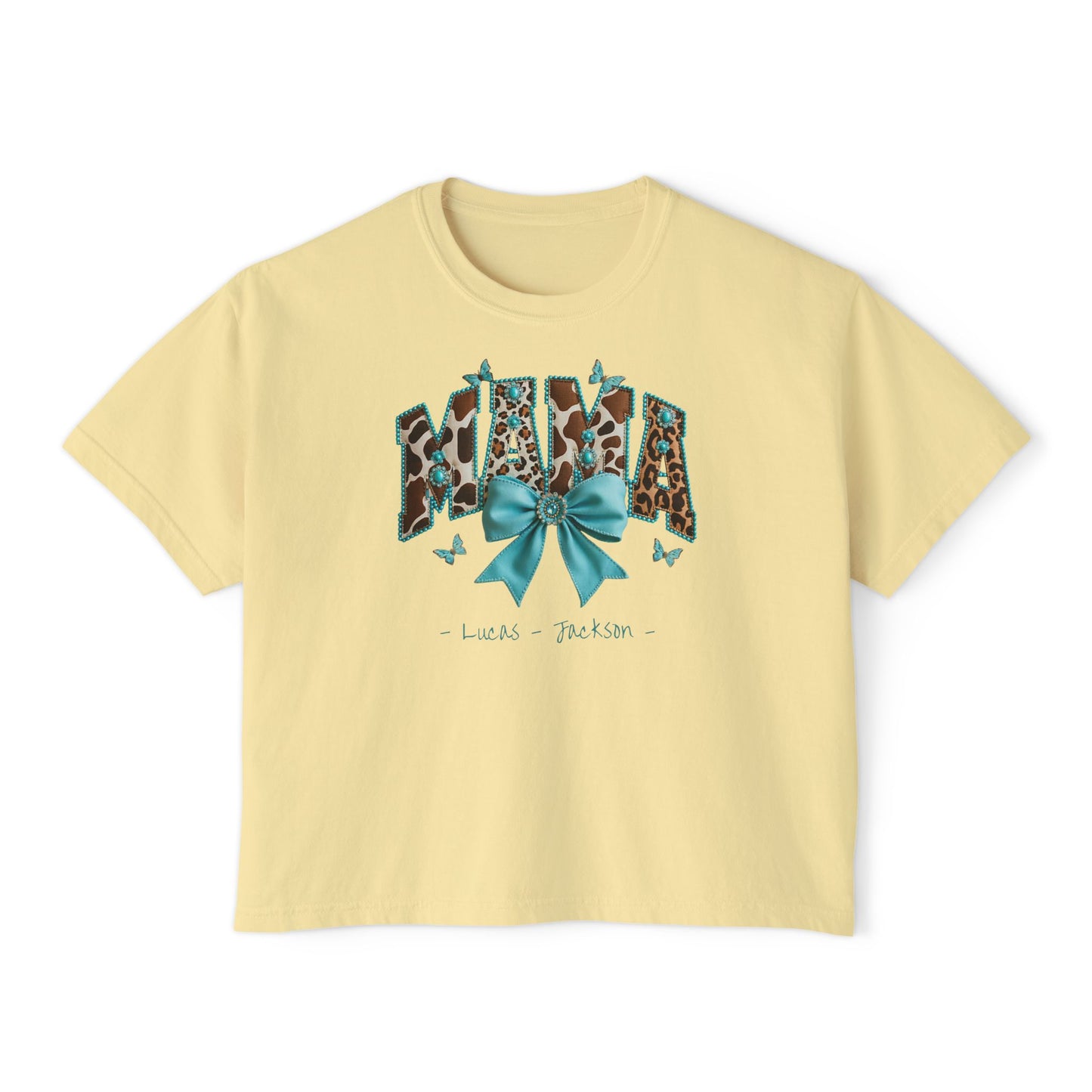 Mama Teal Bow Custom Name Boxy Tee — Mother's Day Shirt