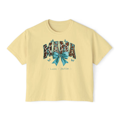 Mama Teal Bow Custom Name Boxy Tee — Mother's Day Shirt