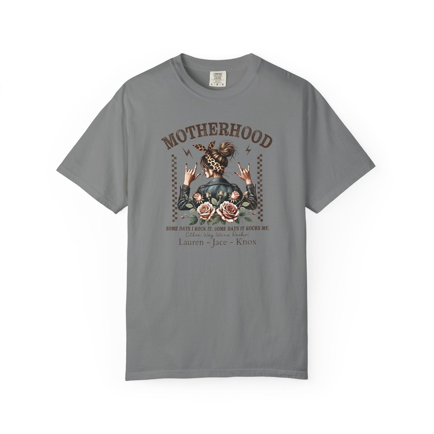 Rockin Motherhood Custom Name T-Shirt — Personalized Mom Script Graphic Tee
