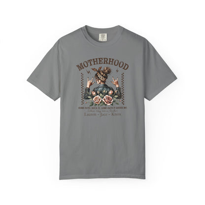 Rockin Motherhood Custom Name T-Shirt — Personalized Mom Script Graphic Tee