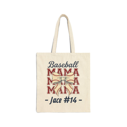 Baseball Mama Bow Personalized Cotton Canvas Tote (Custom Name & Number)
