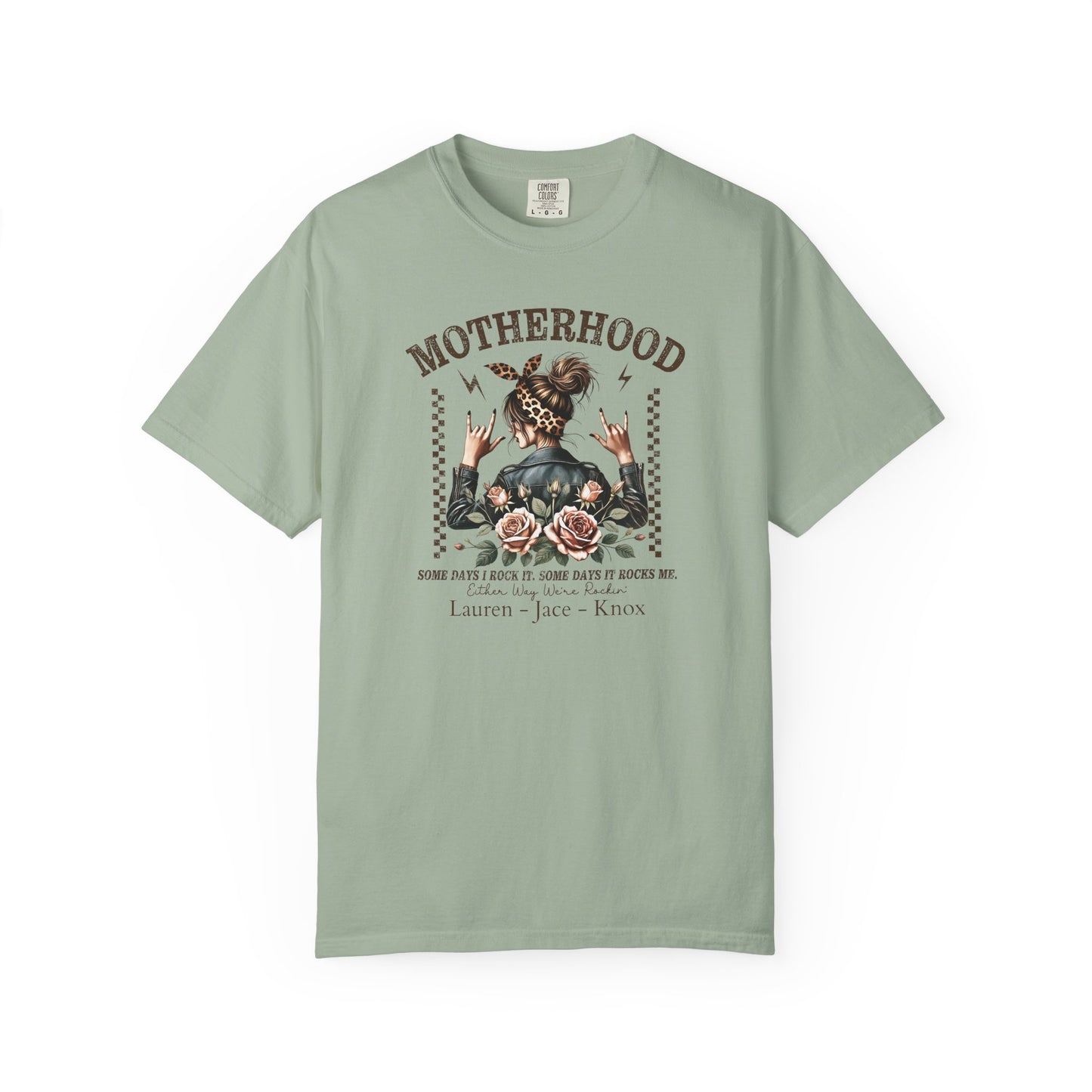 Rockin Motherhood Custom Name T-Shirt — Personalized Mom Script Graphic Tee