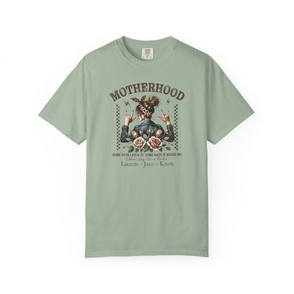 Rockin Motherhood Custom Name T-Shirt — Personalized Mom Script Graphic Tee