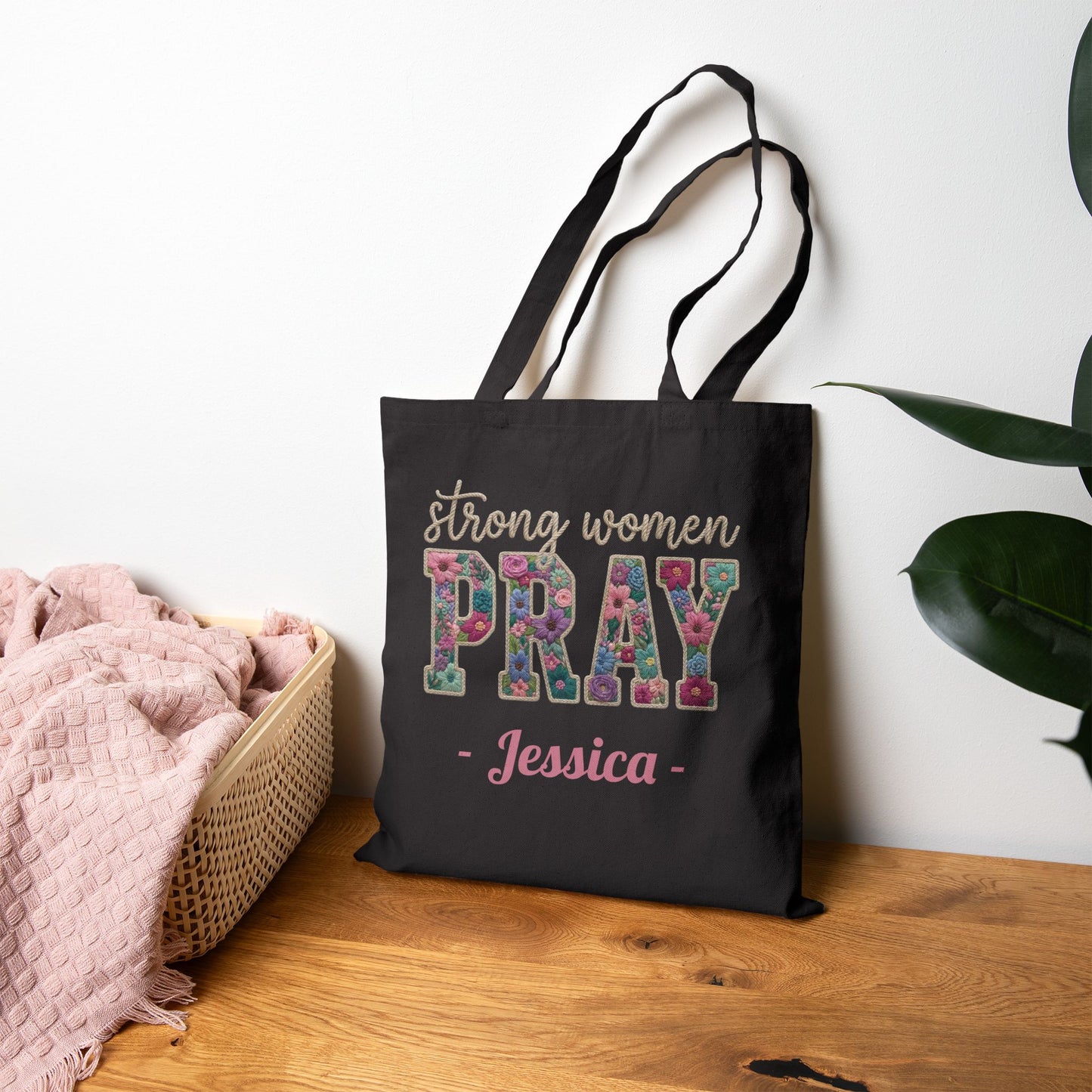 Strong Women Pray Custom Name Tote Bag – Personalized Cotton Canvas Market Tote