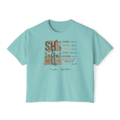 She Is Mom Custom Name Boxy Tee — Mother's Day Shirt