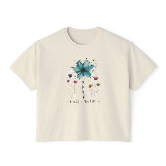 Boho Flower Mom Custom Name Boxy Tee — Mother's Day Shirt
