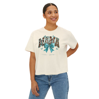 Mama Teal Bow Custom Name Boxy Tee — Mother's Day Shirt