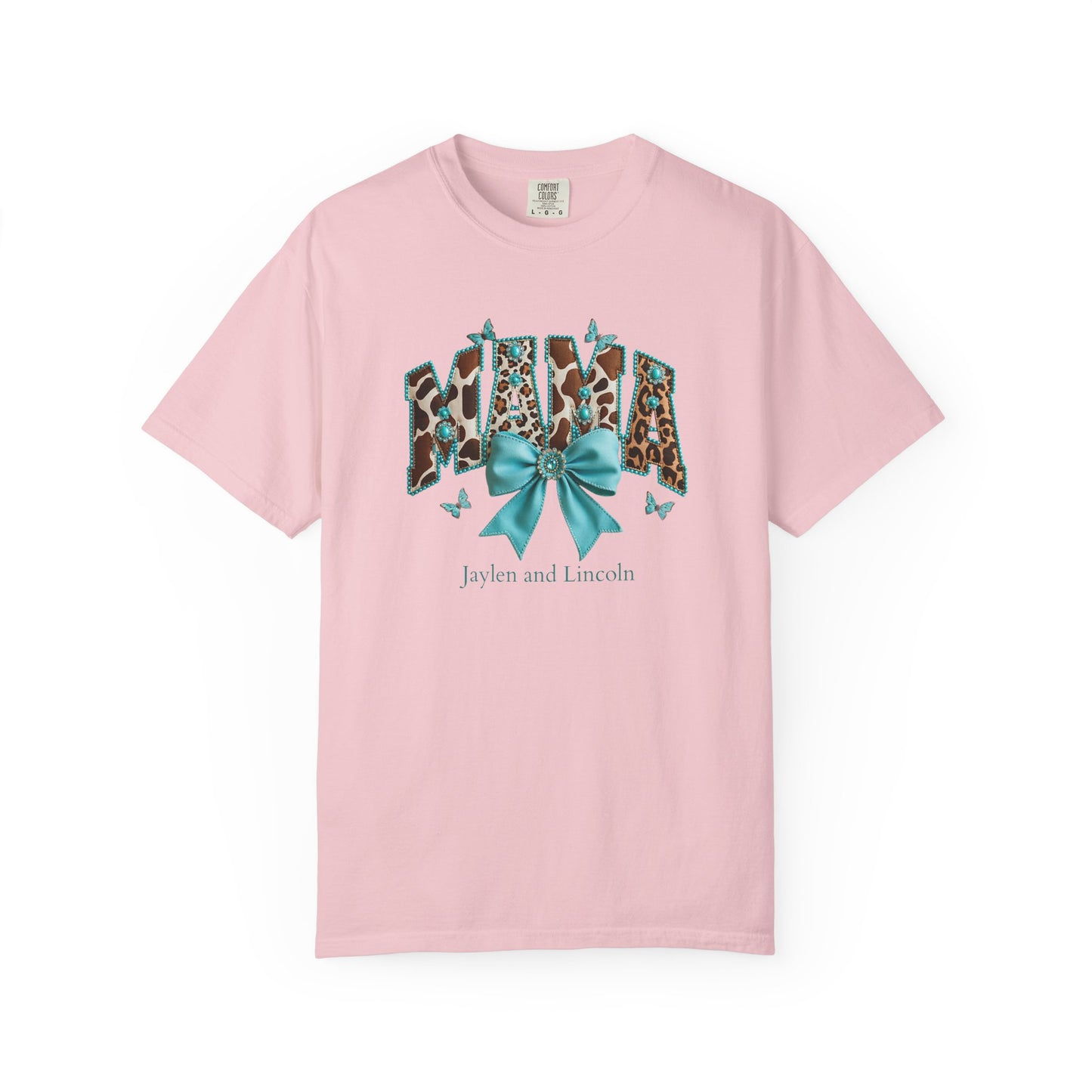Mama Teal Bow Custom Name T-Shirt — Personalized Mom Script Graphic Tee