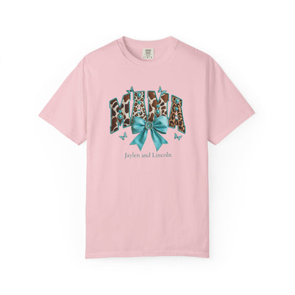 Mama Teal Bow Custom Name T-Shirt — Personalized Mom Script Graphic Tee