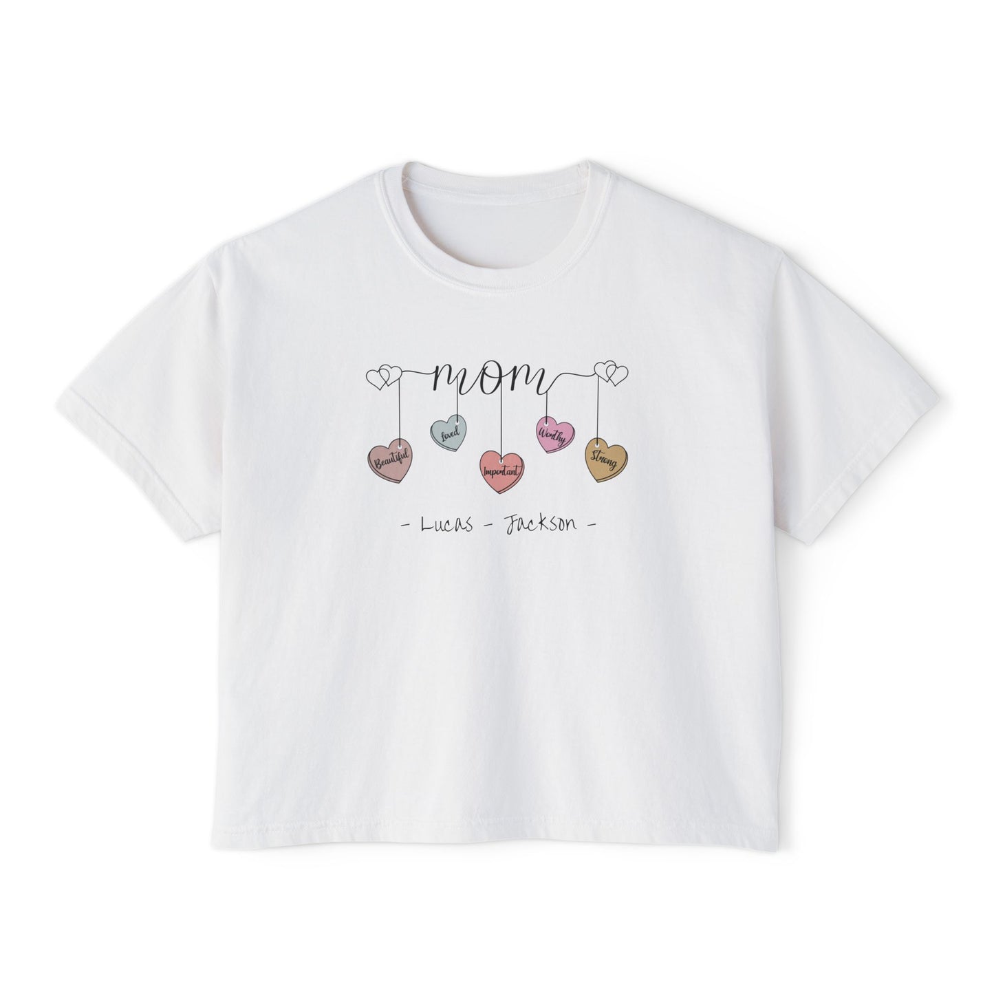 Mom Hearts Custom Name Boxy Tee — Mother's Day Shirt