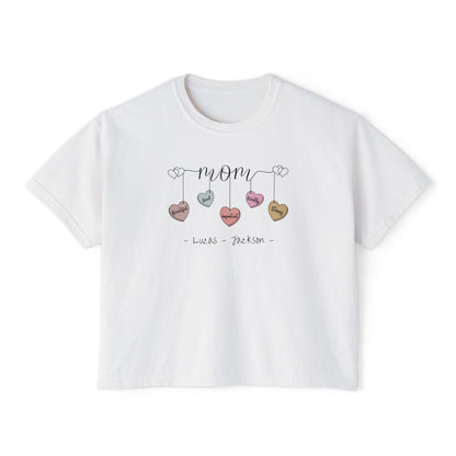 Mom Hearts Custom Name Boxy Tee — Mother's Day Shirt
