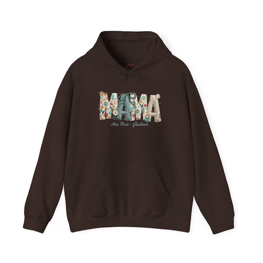 Floral Patchwork Mama Custom Kids Name Mama Hoodie — Personalized Mom Hoodie