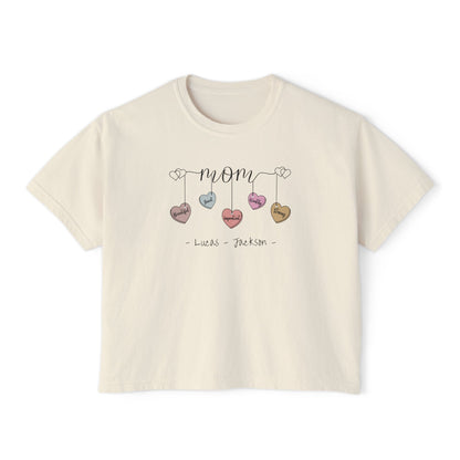 Mom Hearts Custom Name Boxy Tee — Mother's Day Shirt