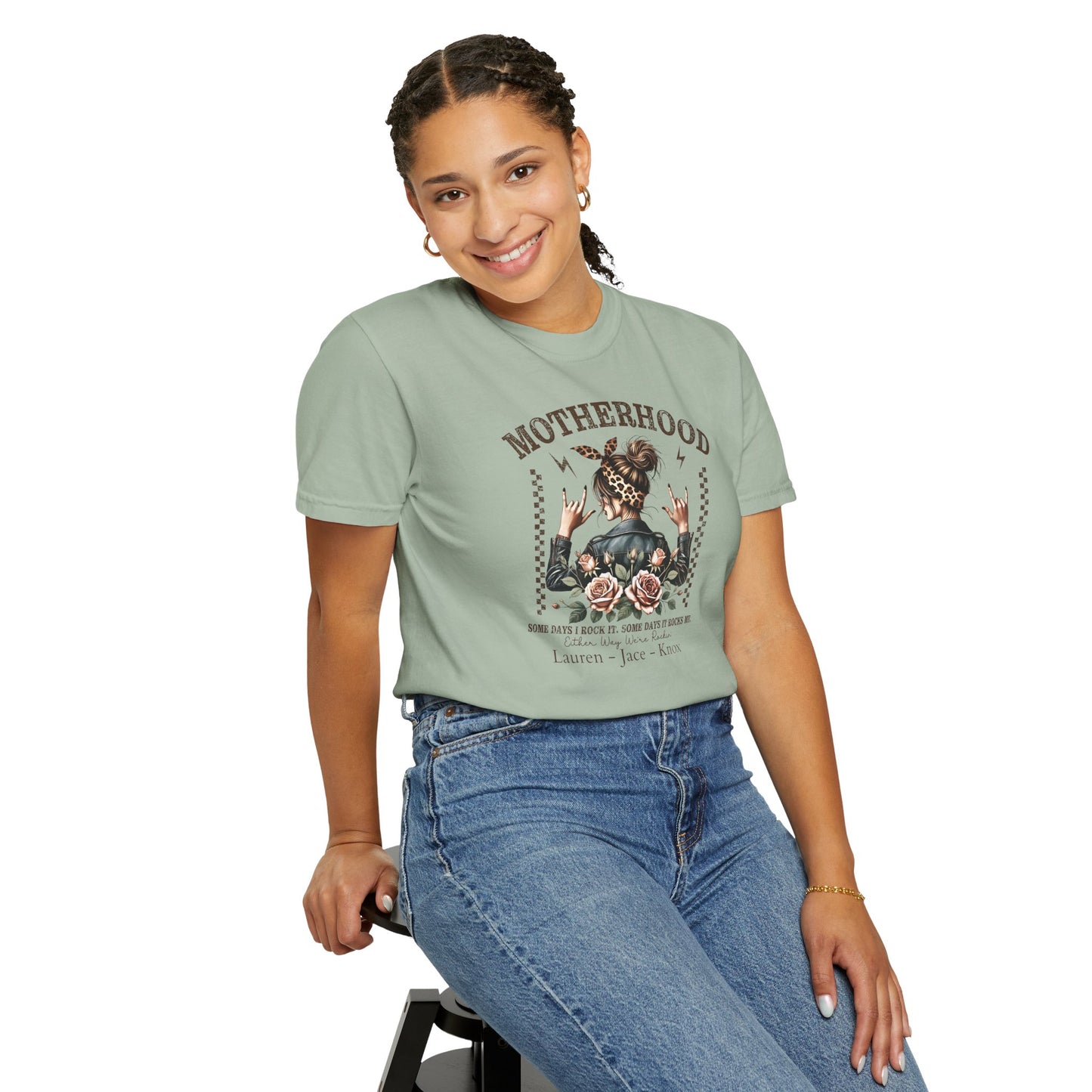 Rockin Motherhood Custom Name T-Shirt — Personalized Mom Script Graphic Tee