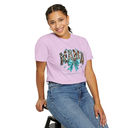 Mama Teal Bow Custom Name T-Shirt — Personalized Mom Script Graphic Tee