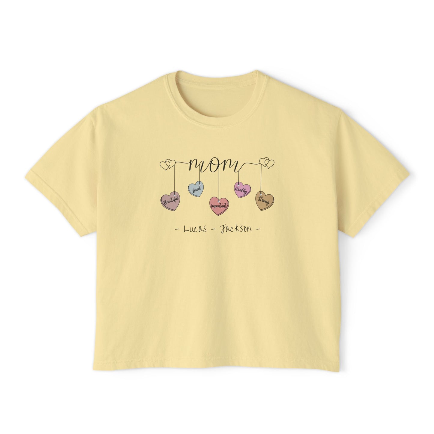 Mom Hearts Custom Name Boxy Tee — Mother's Day Shirt