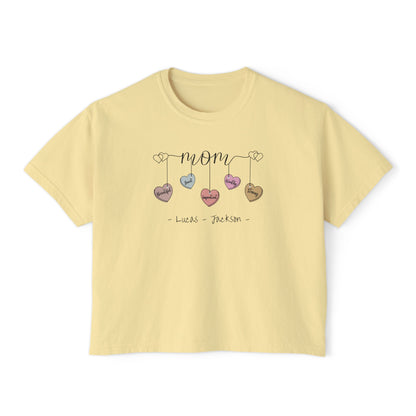 Mom Hearts Custom Name Boxy Tee — Mother's Day Shirt