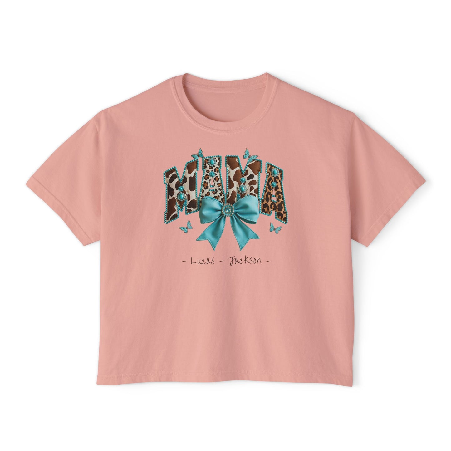 Mama Teal Bow Custom Name Boxy Tee — Mother's Day Shirt
