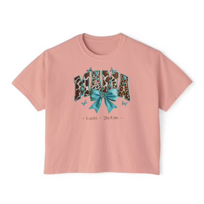 Mama Teal Bow Custom Name Boxy Tee — Mother's Day Shirt