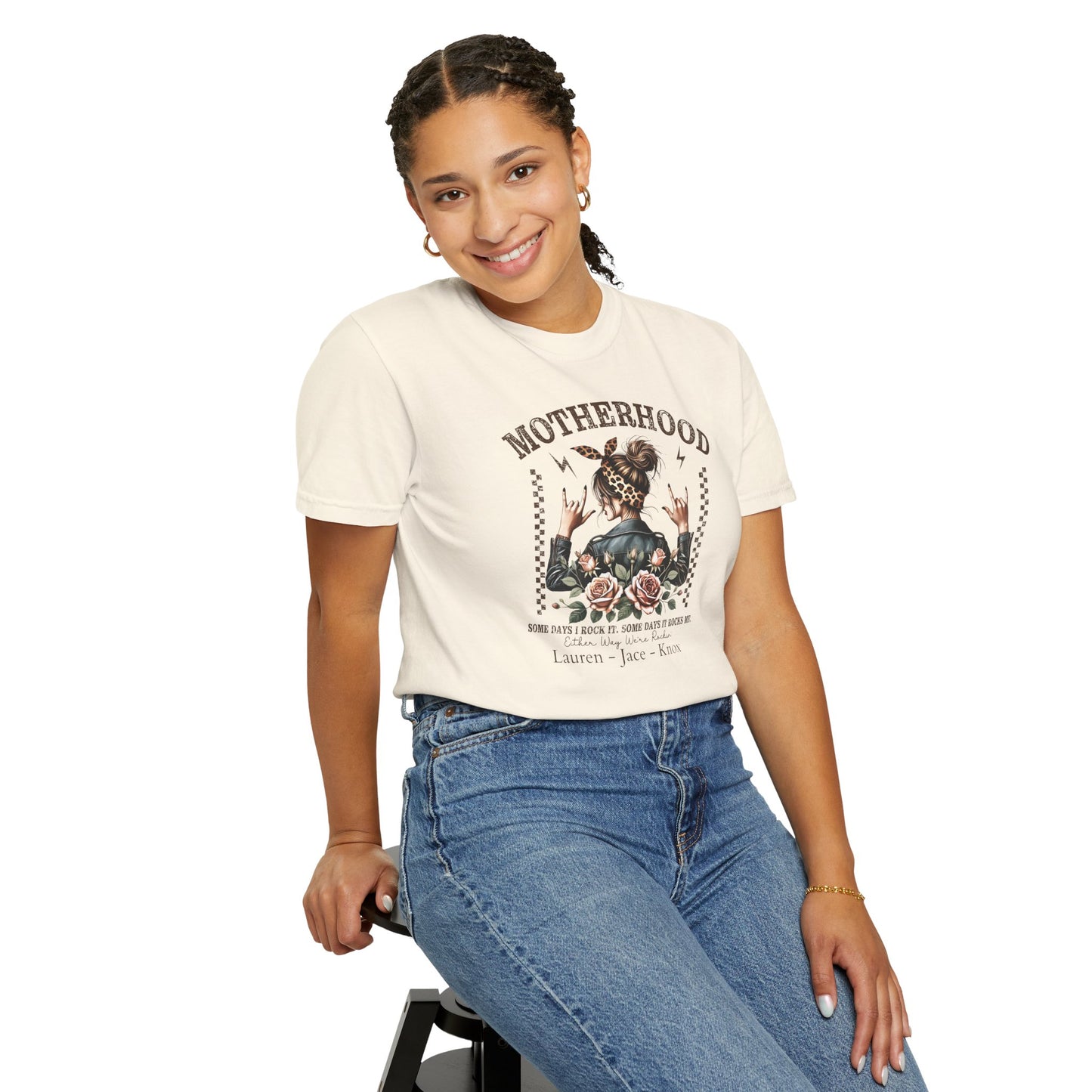 Rockin Motherhood Custom Name T-Shirt — Personalized Mom Script Graphic Tee