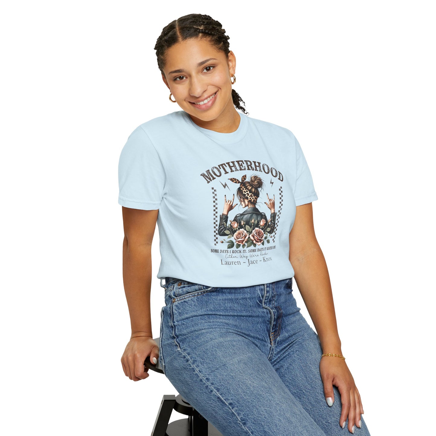 Rockin Motherhood Custom Name T-Shirt — Personalized Mom Script Graphic Tee