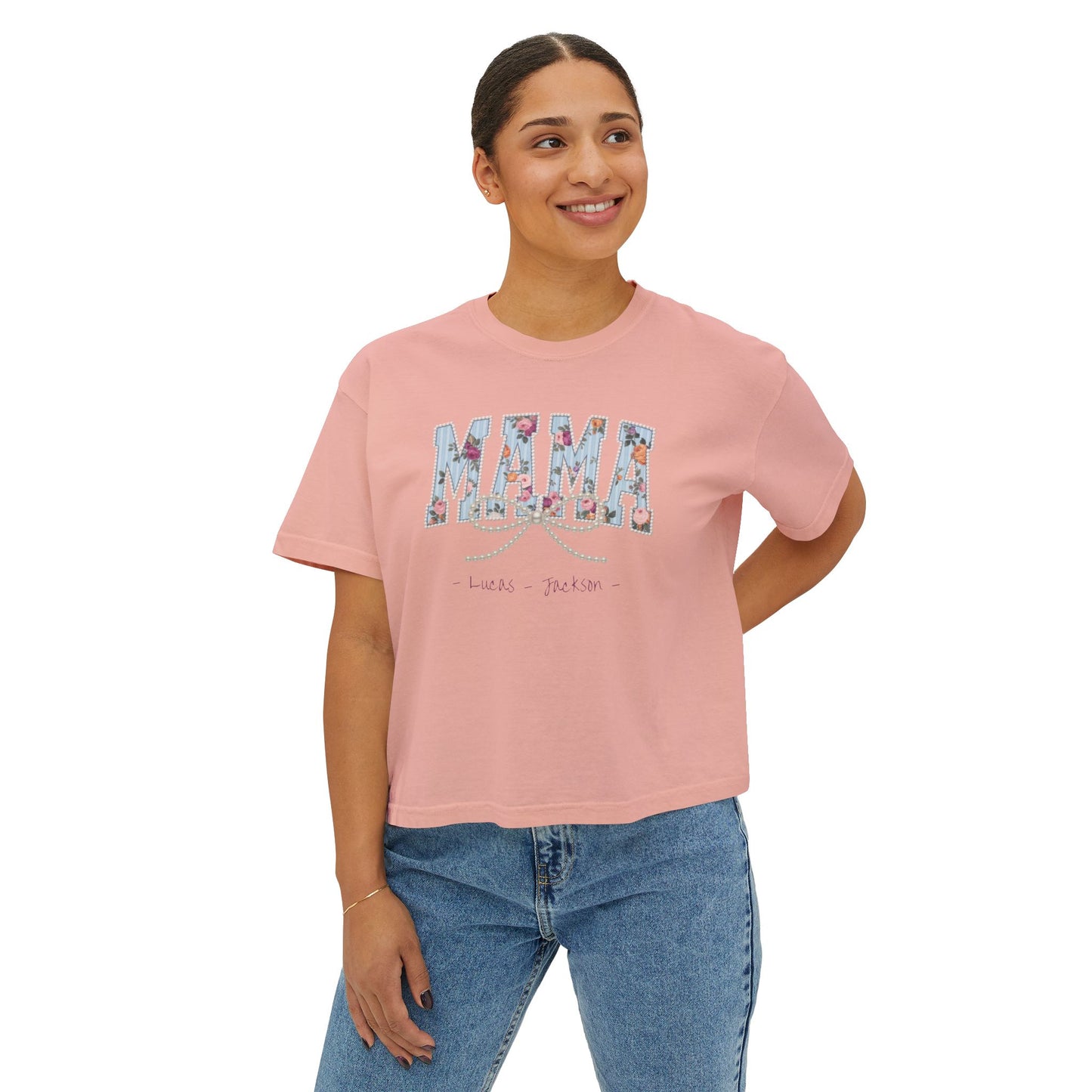 Mama Pearls Custom Name Boxy Tee — Mother's Day Shirt