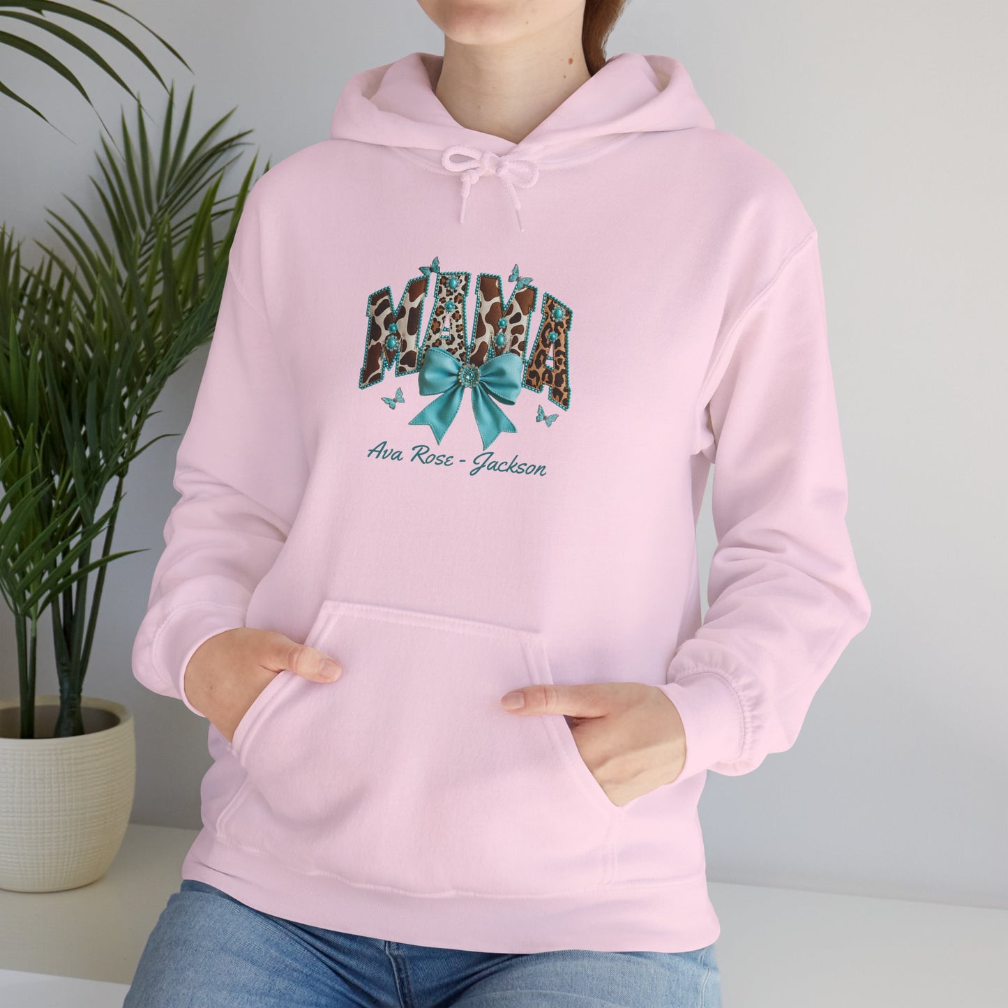 Mama Teal Bow Custom Kids Name Mama Hoodie — Personalized Mom Hoodie