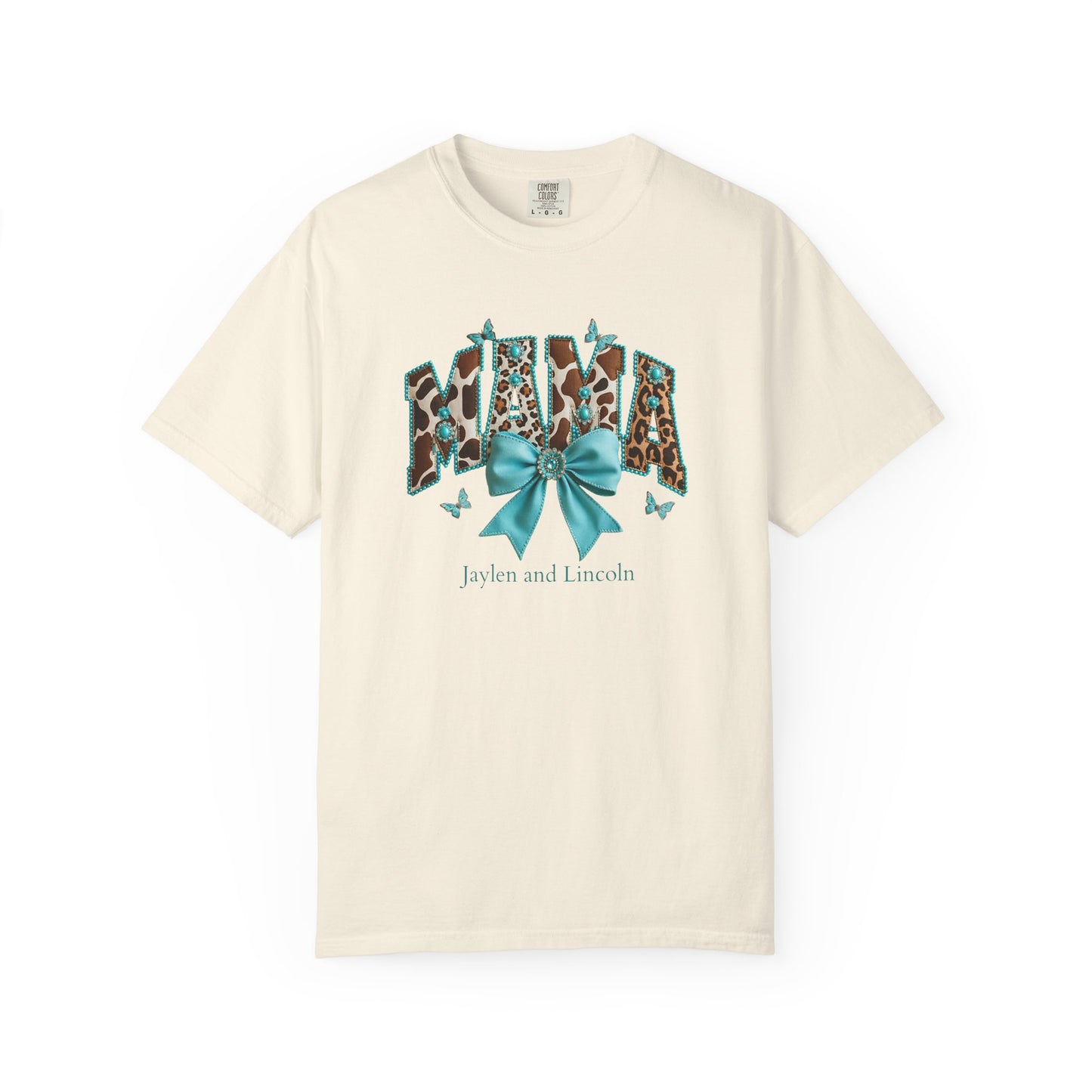 Mama Teal Bow Custom Name T-Shirt — Personalized Mom Script Graphic Tee