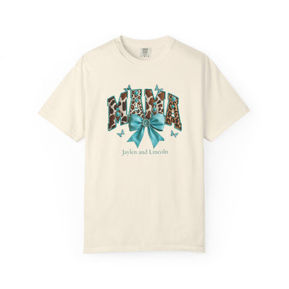 Mama Teal Bow Custom Name T-Shirt — Personalized Mom Script Graphic Tee