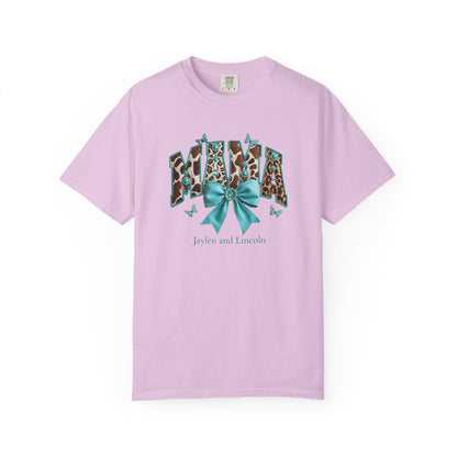 Mama Teal Bow Custom Name T-Shirt — Personalized Mom Script Graphic Tee