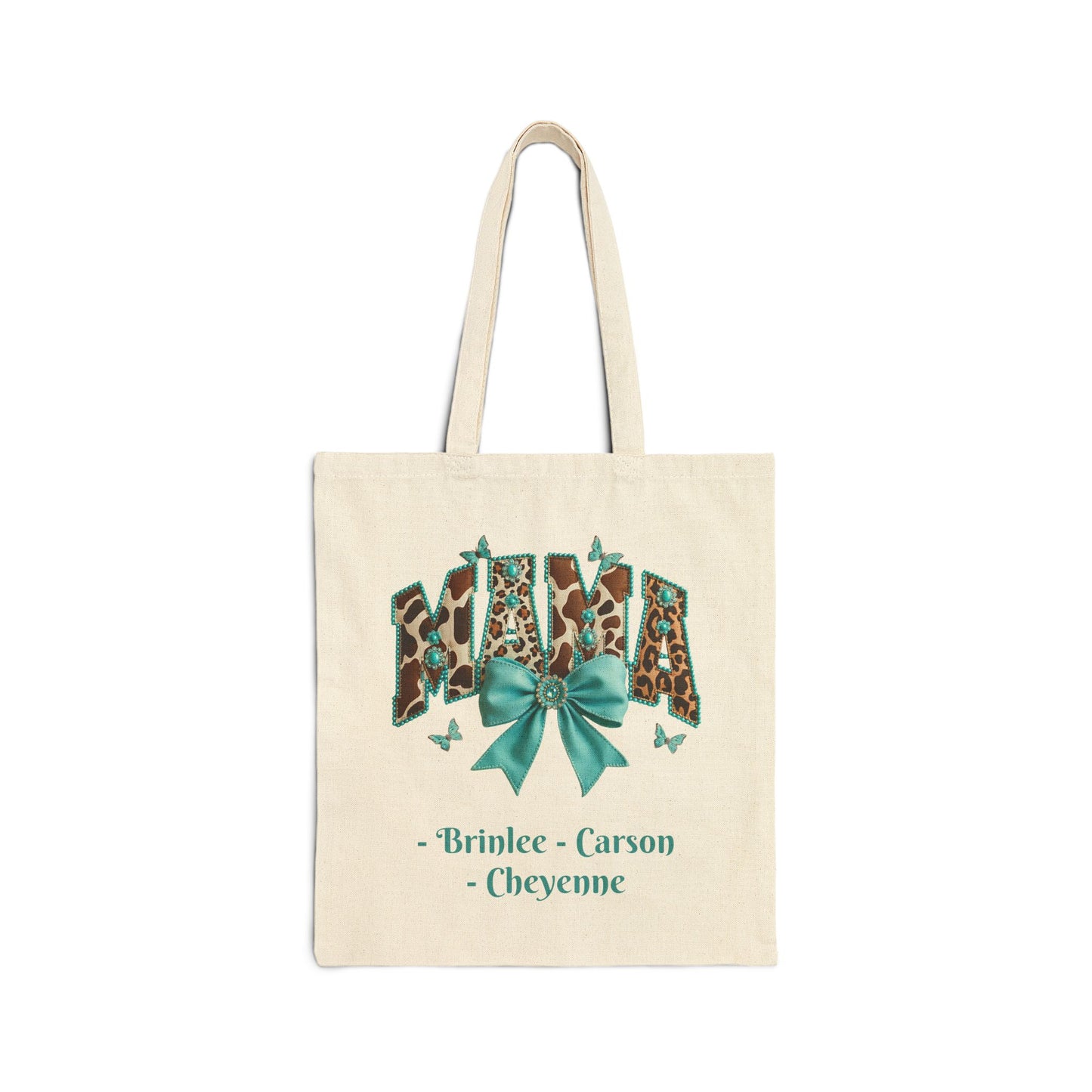 Mama Leopard Print Tote Bag with Teal Bow Custom Names — Personalized Mom Tote