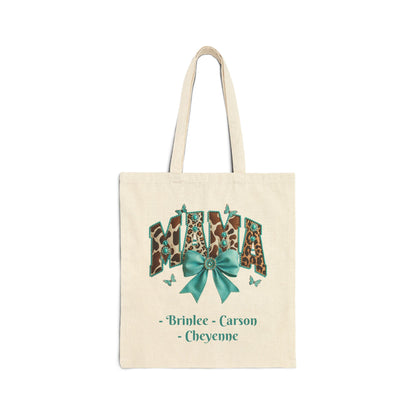 Mama Leopard Print Tote Bag with Teal Bow Custom Names — Personalized Mom Tote