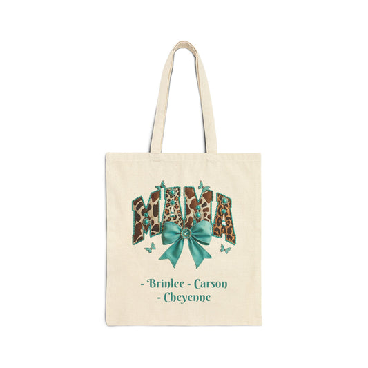 Mama Leopard Print Tote Bag with Teal Bow Custom Names — Personalized Mom Tote