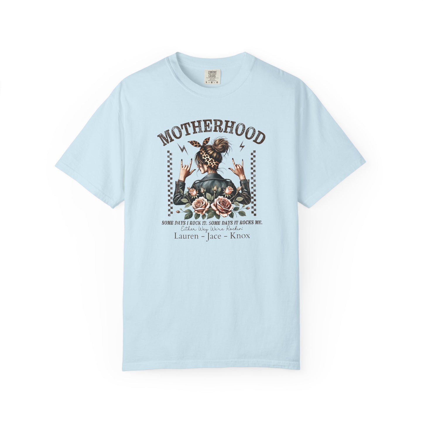 Rockin Motherhood Custom Name T-Shirt — Personalized Mom Script Graphic Tee