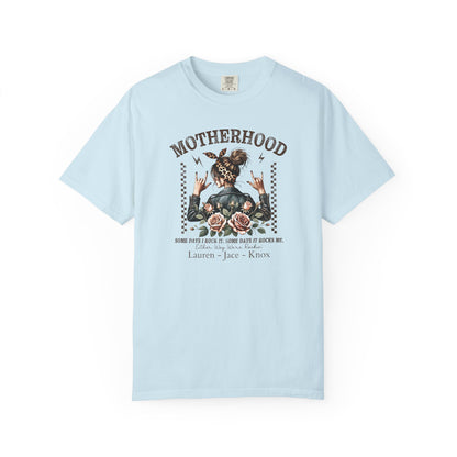 Rockin Motherhood Custom Name T-Shirt — Personalized Mom Script Graphic Tee