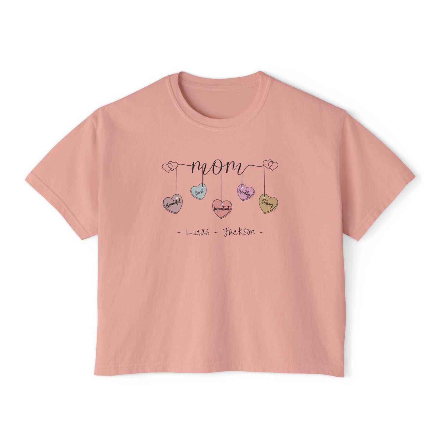Mom Hearts Custom Name Boxy Tee — Mother's Day Shirt