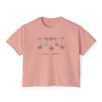 Mom Hearts Custom Name Boxy Tee — Mother's Day Shirt