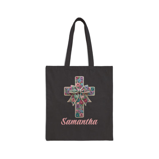 Floral Cross Custom Name Tote Bag – Personalized Cotton Canvas Market Tote