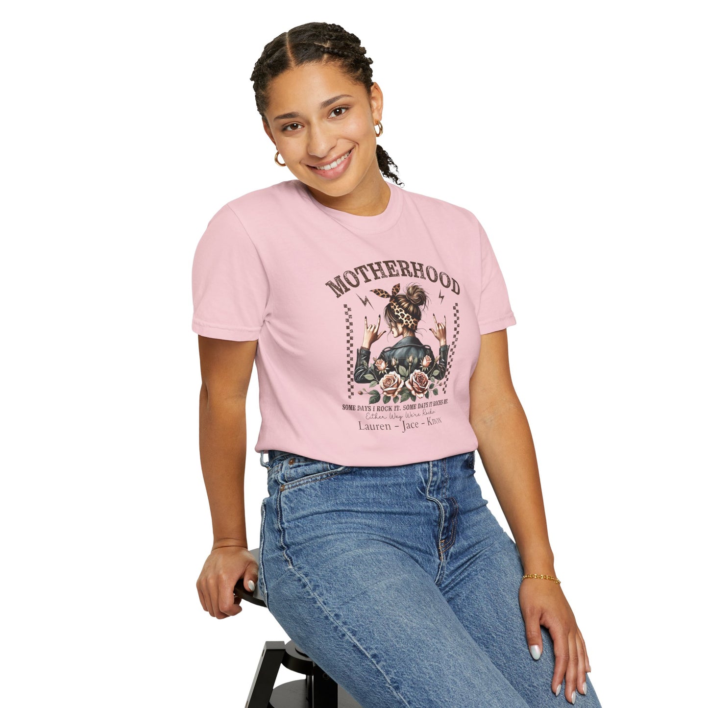 Rockin Motherhood Custom Name T-Shirt — Personalized Mom Script Graphic Tee